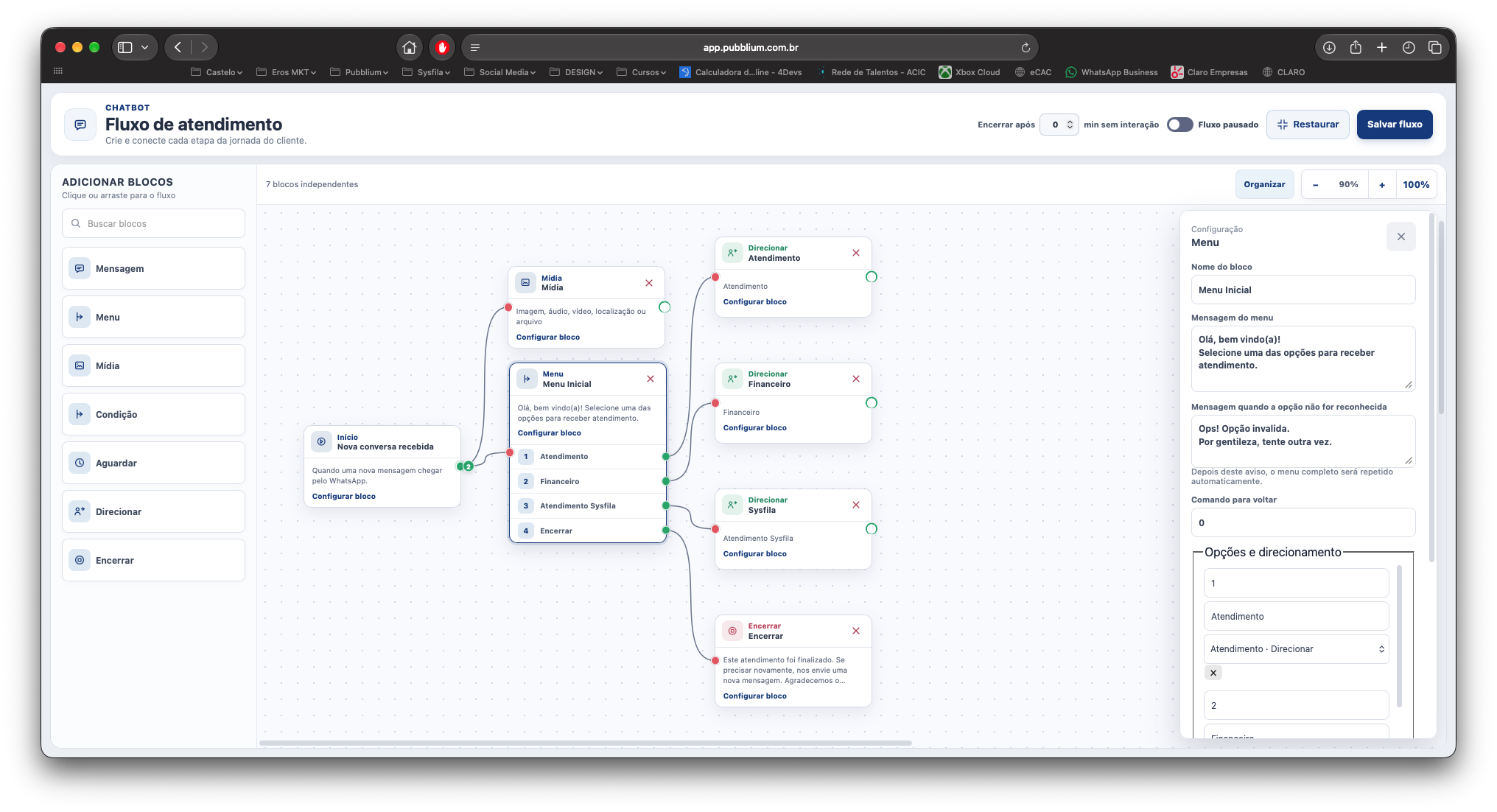 Editor visual de fluxo do bot no Pubblium, com menus, condições e encaminhamentos